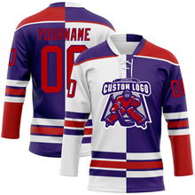 Load image into Gallery viewer, Custom Purple Red-White Split Fashion Hockey Lace Neck Jersey
