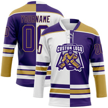 Load image into Gallery viewer, Custom Purple Old Gold-White Split Fashion Hockey Lace Neck Jersey
