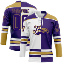 Load image into Gallery viewer, Custom Purple Old Gold-White Split Fashion Hockey Lace Neck Jersey
