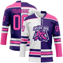 Load image into Gallery viewer, Custom Purple Pink-White Split Fashion Hockey Lace Neck Jersey
