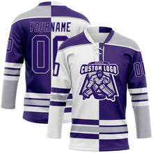 Load image into Gallery viewer, Custom Purple Gray-White Split Fashion Hockey Lace Neck Jersey
