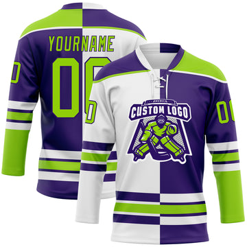 Custom Purple Neon Green-White Split Fashion Hockey Lace Neck Jersey
