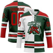 Load image into Gallery viewer, Custom Green Red-White Split Fashion Hockey Lace Neck Jersey
