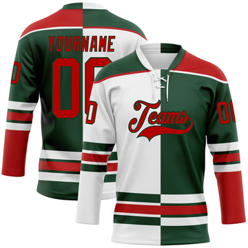 Custom Green Red-White Split Fashion Hockey Lace Neck Jersey