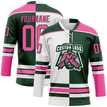 Load image into Gallery viewer, Custom Green Pink-White Split Fashion Hockey Lace Neck Jersey
