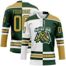Load image into Gallery viewer, Custom Green Old Gold-White Split Fashion Hockey Lace Neck Jersey
