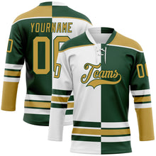 Load image into Gallery viewer, Custom Green Old Gold-White Split Fashion Hockey Lace Neck Jersey
