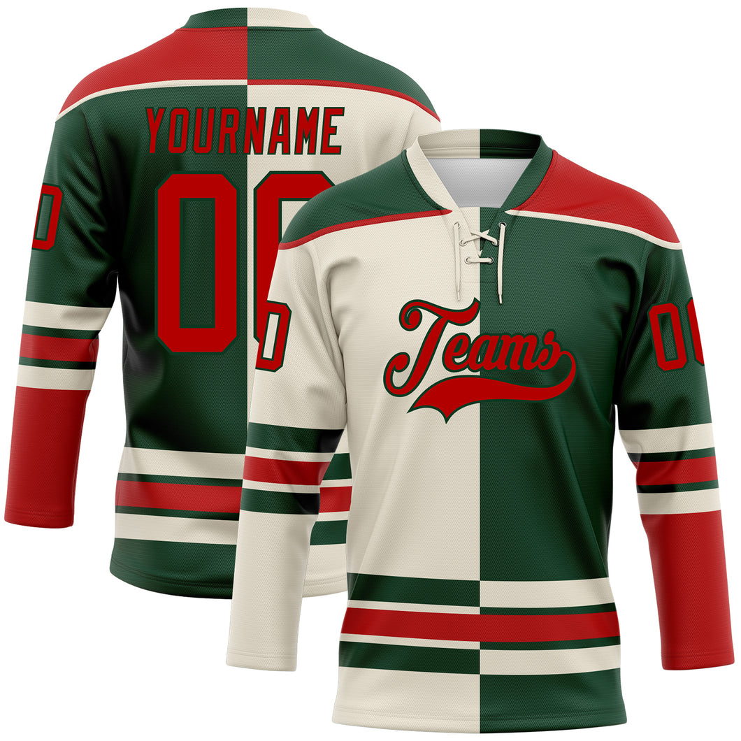 Custom Green Red-Cream Split Fashion Hockey Lace Neck Jersey
