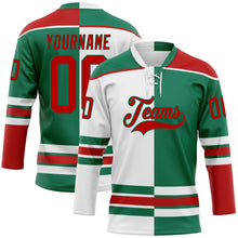 Load image into Gallery viewer, Custom Kelly Green Red-White Split Fashion Hockey Lace Neck Jersey
