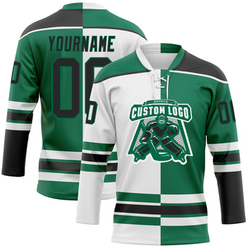Custom Kelly Green Black-White Split Fashion Hockey Lace Neck Jersey