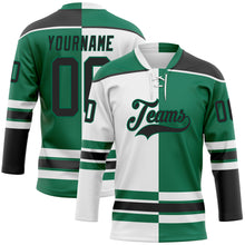 Load image into Gallery viewer, Custom Kelly Green Black-White Split Fashion Hockey Lace Neck Jersey
