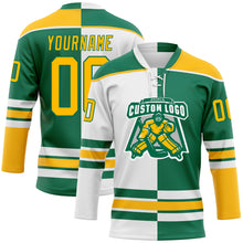 Load image into Gallery viewer, Custom Kelly Green Gold-White Split Fashion Hockey Lace Neck Jersey

