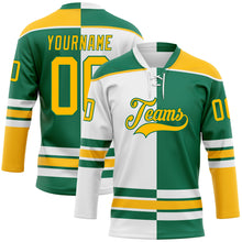 Load image into Gallery viewer, Custom Kelly Green Gold-White Split Fashion Hockey Lace Neck Jersey
