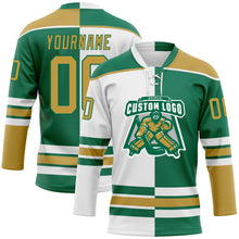 Load image into Gallery viewer, Custom Kelly Green Old Gold-White Split Fashion Hockey Lace Neck Jersey
