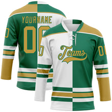 Load image into Gallery viewer, Custom Kelly Green Old Gold-White Split Fashion Hockey Lace Neck Jersey
