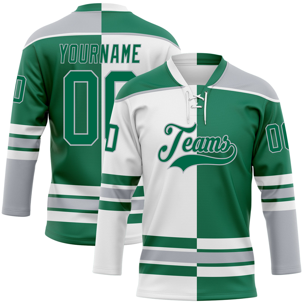 Custom Kelly Green Gray-White Split Fashion Hockey Lace Neck Jersey