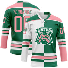 Load image into Gallery viewer, Custom Kelly Green Medium Pink-White Split Fashion Hockey Lace Neck Jersey
