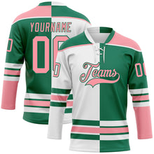 Load image into Gallery viewer, Custom Kelly Green Medium Pink-White Split Fashion Hockey Lace Neck Jersey
