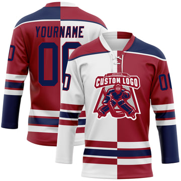 Custom Maroon Navy-White Split Fashion Hockey Lace Neck Jersey