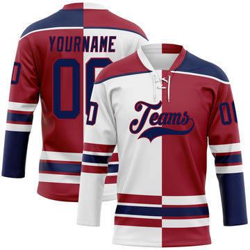 Custom Maroon Navy-White Split Fashion Hockey Lace Neck Jersey