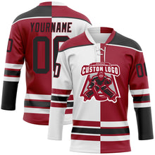 Load image into Gallery viewer, Custom Maroon Black-White Split Fashion Hockey Lace Neck Jersey
