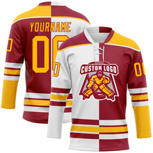 Load image into Gallery viewer, Custom Maroon Gold-White Split Fashion Hockey Lace Neck Jersey
