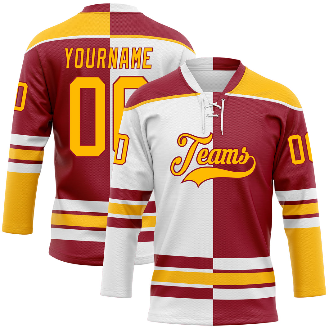 Custom Maroon Gold-White Split Fashion Hockey Lace Neck Jersey