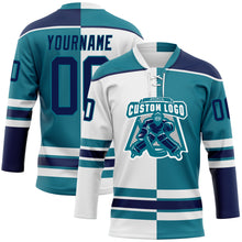 Load image into Gallery viewer, Custom Teal Navy-White Split Fashion Hockey Lace Neck Jersey
