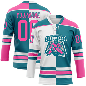 Custom Teal Pink-White Split Fashion Hockey Lace Neck Jersey