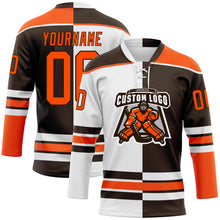 Load image into Gallery viewer, Custom Brown Orange-White Split Fashion Hockey Lace Neck Jersey

