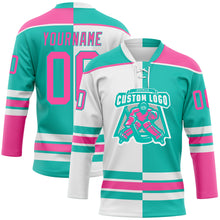 Load image into Gallery viewer, Custom Aqua Pink-White Split Fashion Hockey Lace Neck Jersey
