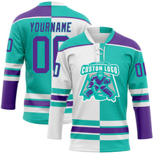 Load image into Gallery viewer, Custom Aqua Purple-White Split Fashion Hockey Lace Neck Jersey

