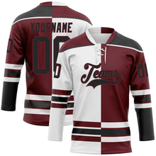 Load image into Gallery viewer, Custom Burgundy Black-White Split Fashion Hockey Lace Neck Jersey
