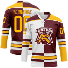 Load image into Gallery viewer, Custom Burgundy Gold-White Split Fashion Hockey Lace Neck Jersey
