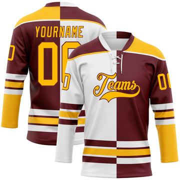 Custom Burgundy Gold-White Split Fashion Hockey Lace Neck Jersey