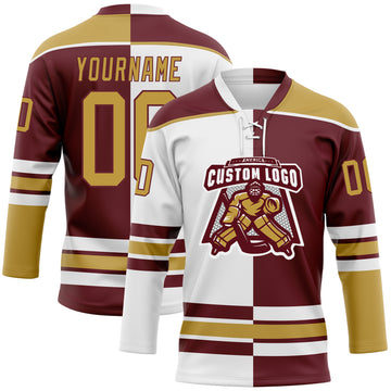 Custom Burgundy Old Gold-White Split Fashion Hockey Lace Neck Jersey