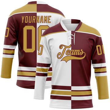 Custom Burgundy Old Gold-White Split Fashion Hockey Lace Neck Jersey