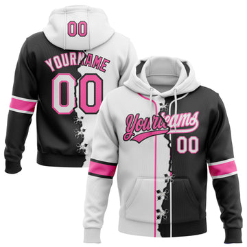 Custom Black Whte-Pink Split Ripped Pattern Baseball Pullover Sweatshirt Hoodie