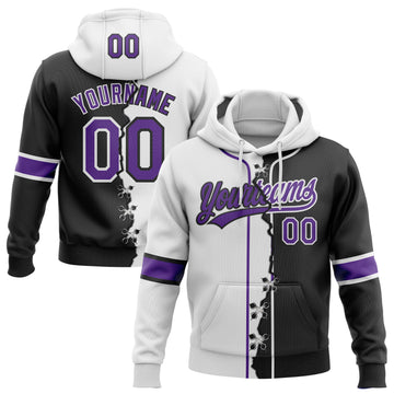 Custom Black Purple-White Split Ripped Pattern Baseball Pullover Sweatshirt Hoodie