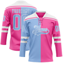 Charger l'image dans la galerie, Custom Pink Light Blue-White Split Fashion Hockey Lace Neck Jersey

