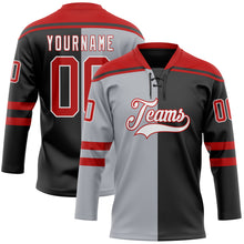 Load image into Gallery viewer, Custom Black Red Gray-White Split Fashion Hockey Lace Neck Jersey
