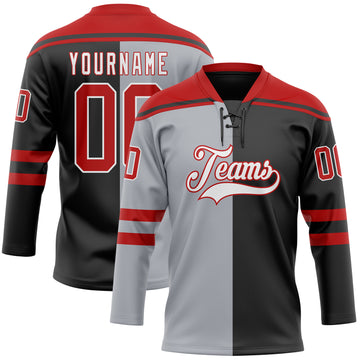 Custom Black Red Gray-White Split Fashion Hockey Lace Neck Jersey