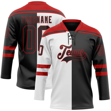 Custom Black Red-White Split Fashion Hockey Lace Neck Jersey