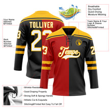 Load image into Gallery viewer, Custom Black White Red-Gold Split Fashion Hockey Lace Neck Jersey
