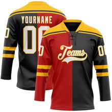 Load image into Gallery viewer, Custom Black White Red-Gold Split Fashion Hockey Lace Neck Jersey
