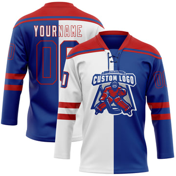 Custom Royal Red-White Split Fashion Hockey Lace Neck Jersey