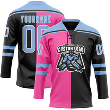 Charger l'image dans la galerie, Custom Black Light Blue Pink-White Split Fashion Hockey Lace Neck Jersey
