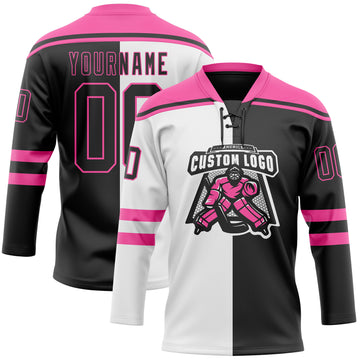 Custom Black Pink-White Split Fashion Hockey Lace Neck Jersey