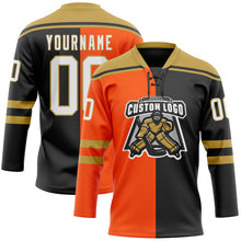 Laden Sie das Bild in den Galerie-Viewer, Custom Black White Orange-Old Gold Split Fashion Hockey Lace Neck Jersey
