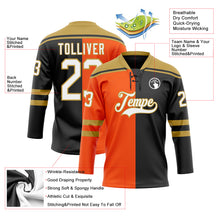 Laden Sie das Bild in den Galerie-Viewer, Custom Black White Orange-Old Gold Split Fashion Hockey Lace Neck Jersey
